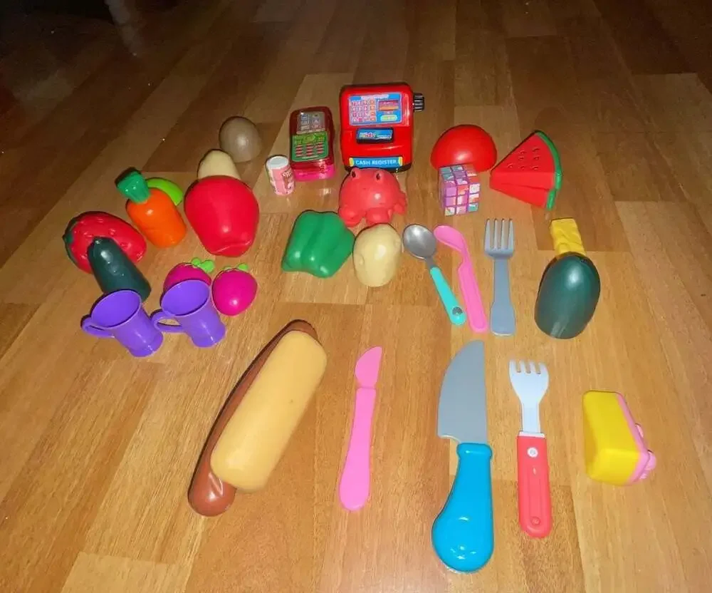 Mixed Lot of Plastic Pretend Play Food, Kitchen Utensils, and Cash Register Toy
